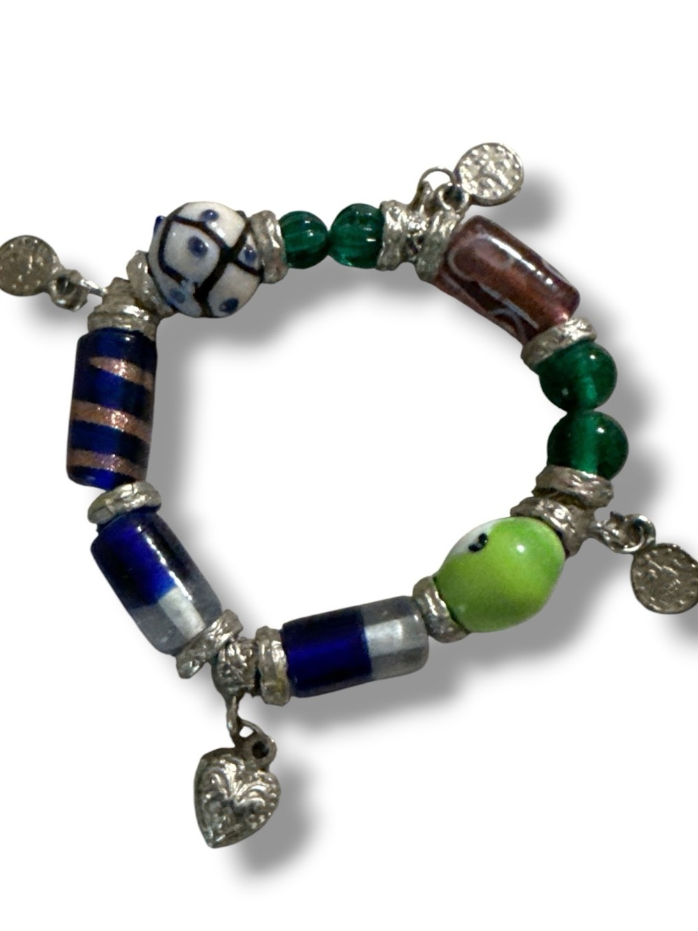 VTG Danforth Pewter Artisan Glass Bead Stretch Charm Bracelet Lampwork Venetian